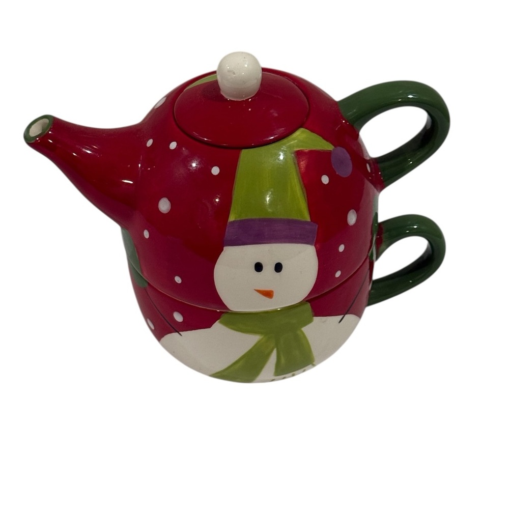 Pier 1 Snowman Teapot Set - Christmas Snowman Two Tier Teapot ~ Excellent